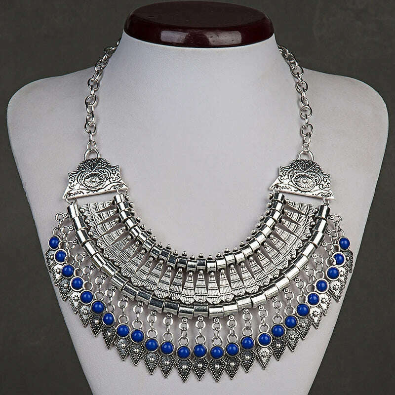 Fashion Ethnic Gypsy Bohemian Choker Necklace For Women Beads Drop Tassel Vintage Big Statement Collier Femme Party Jewelry - KIMLUD