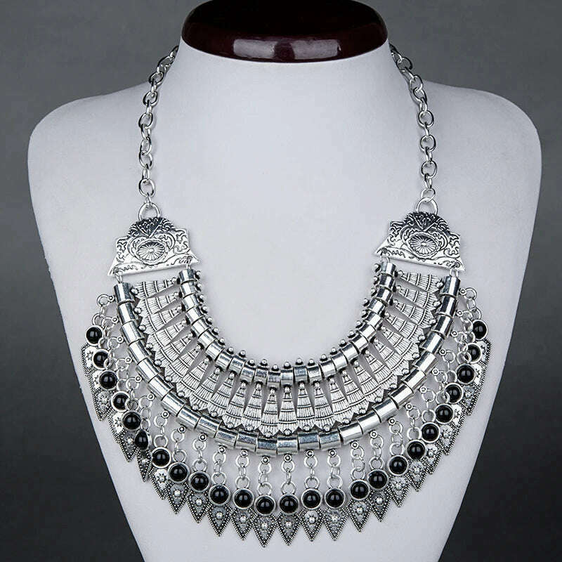 Fashion Ethnic Gypsy Bohemian Choker Necklace For Women Beads Drop Tassel Vintage Big Statement Collier Femme Party Jewelry - KIMLUD