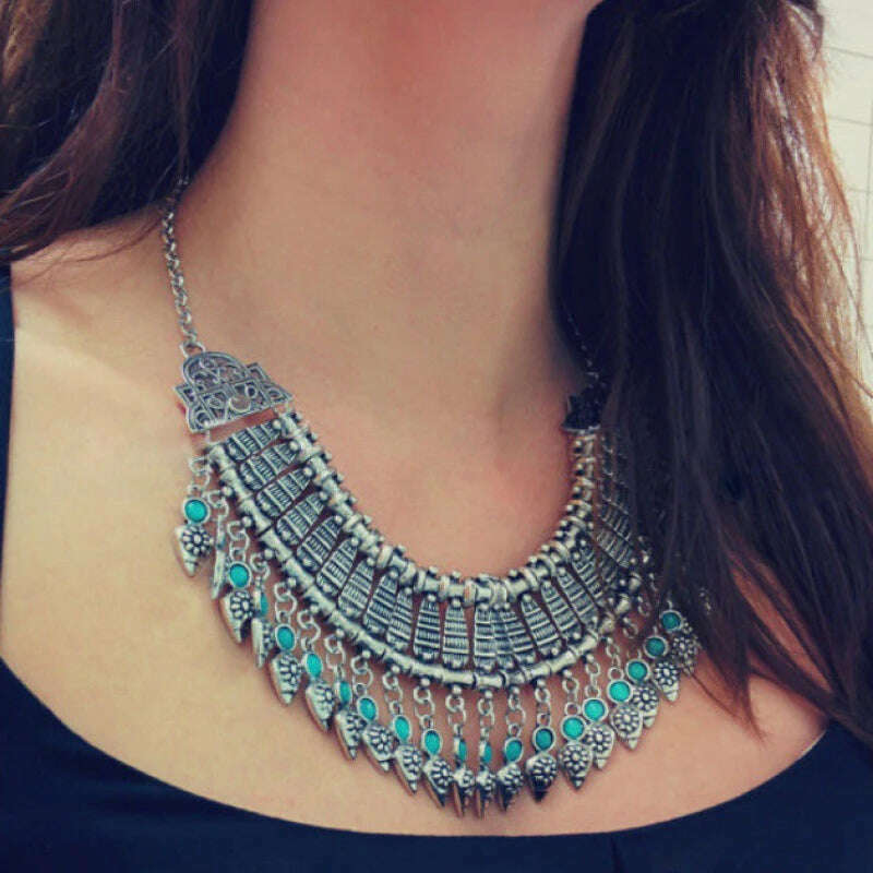 Fashion Ethnic Gypsy Bohemian Choker Necklace For Women Beads Drop Tassel Vintage Big Statement Collier Femme Party Jewelry - KIMLUD