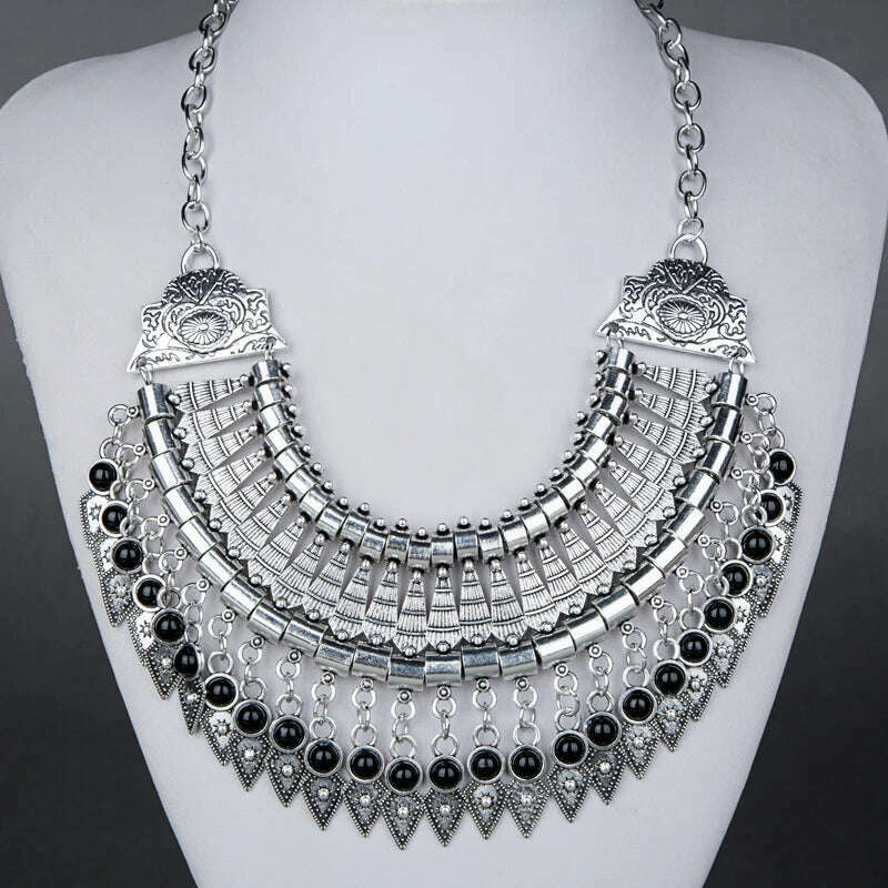 Fashion Ethnic Gypsy Bohemian Choker Necklace For Women Beads Drop Tassel Vintage Big Statement Collier Femme Party Jewelry - KIMLUD