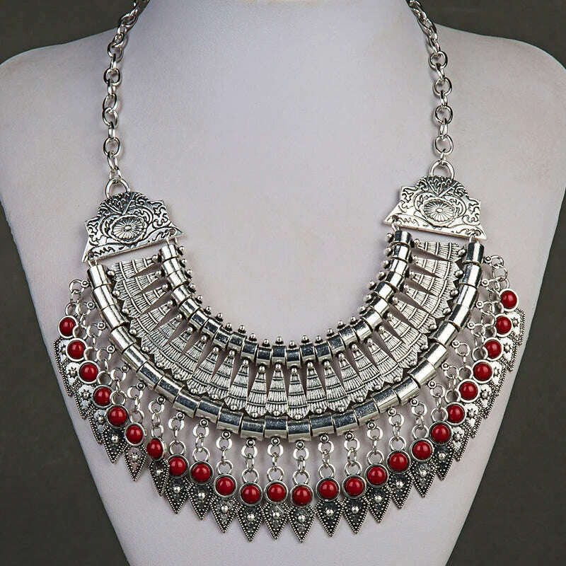 Fashion Ethnic Gypsy Bohemian Choker Necklace For Women Beads Drop Tassel Vintage Big Statement Collier Femme Party Jewelry - KIMLUD