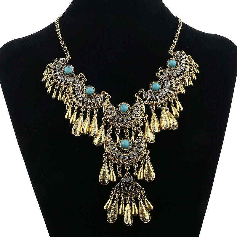 Fashion Ethnic Gypsy Bohemian Choker Necklace For Women Beads Drop Tassel Vintage Big Statement Collier Femme Party Jewelry - KIMLUD