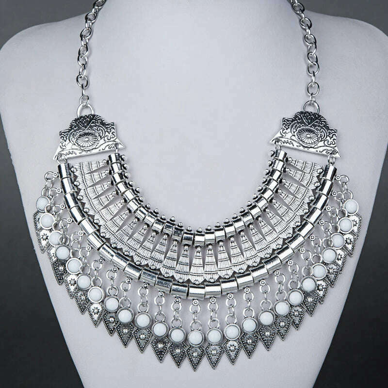 Fashion Ethnic Gypsy Bohemian Choker Necklace For Women Beads Drop Tassel Vintage Big Statement Collier Femme Party Jewelry - KIMLUD