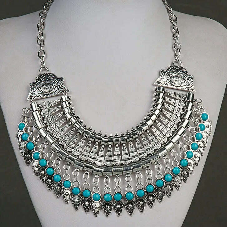 Fashion Ethnic Gypsy Bohemian Choker Necklace For Women Beads Drop Tassel Vintage Big Statement Collier Femme Party Jewelry - KIMLUD