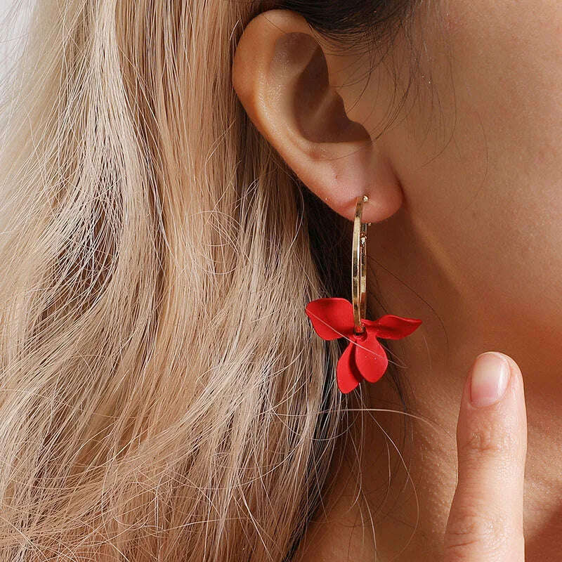 KIMLUD, Fashion Flower Women Dangle Earrings Golden Big Circle Three Color Spray Paint Asymmetrical Earrings Women Drops Earrings Gift, KIMLUD Womens Clothes