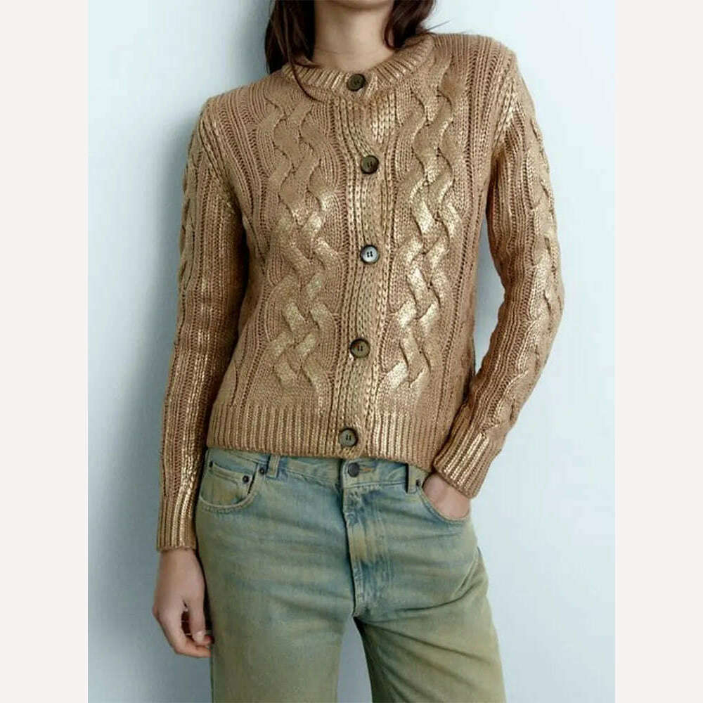 KIMLUD, Fashion Gold Foil Knitted Cardigan For Women Chic Round Neck Single Breasted Pullover Sweater 2023 Autumn Female Elegant Jumpers, KIMLUD Womens Clothes