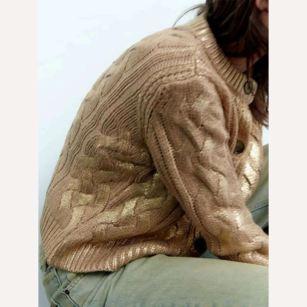 KIMLUD, Fashion Gold Foil Knitted Cardigan For Women Chic Round Neck Single Breasted Pullover Sweater 2023 Autumn Female Elegant Jumpers, KIMLUD Womens Clothes