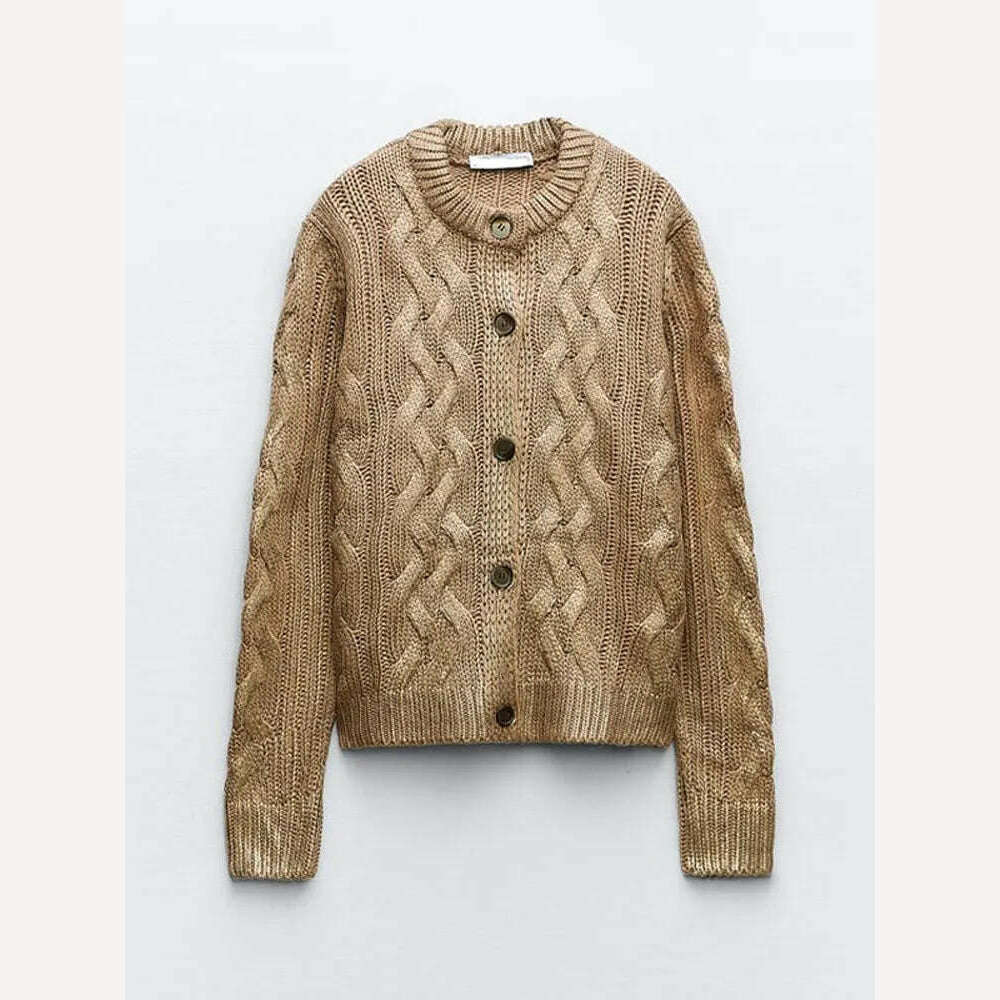KIMLUD, Fashion Gold Foil Knitted Cardigan For Women Chic Round Neck Single Breasted Pullover Sweater 2023 Autumn Female Elegant Jumpers, Gold Cardigan / S, KIMLUD APPAREL - Womens Clothes