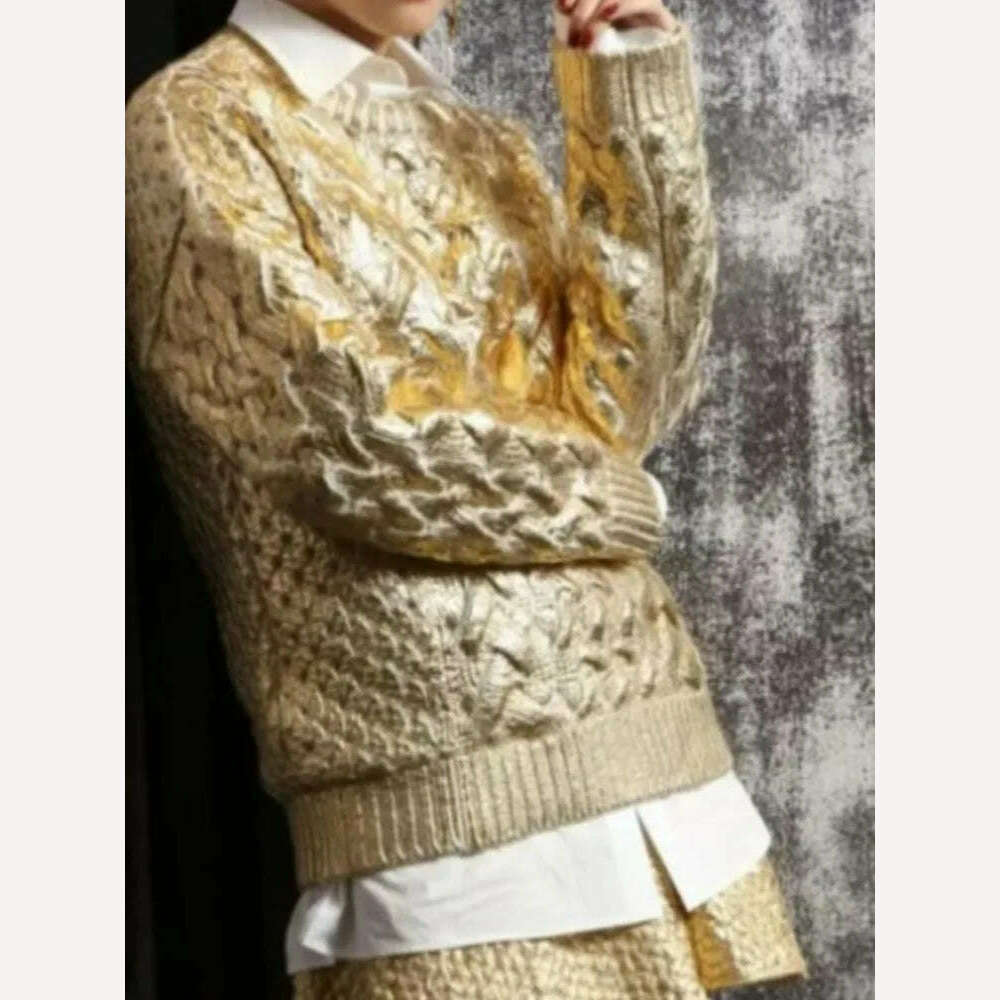 KIMLUD, Fashion Gold Foil Knitted Cardigan For Women Chic Round Neck Single Breasted Pullover Sweater 2023 Autumn Female Elegant Jumpers, Gold Pullover / S, KIMLUD APPAREL - Womens Clothes