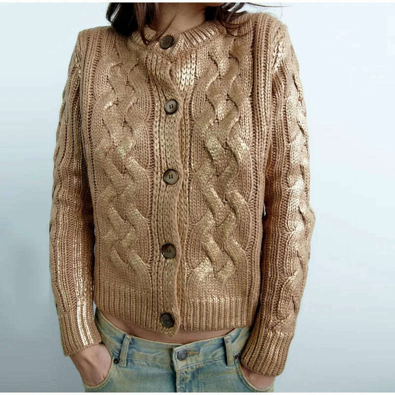 KIMLUD, Fashion Gold Foil Knitted Cardigan For Women Chic Round Neck Single Breasted Pullover Sweater 2023 Autumn Female Elegant Jumpers, KIMLUD Womens Clothes