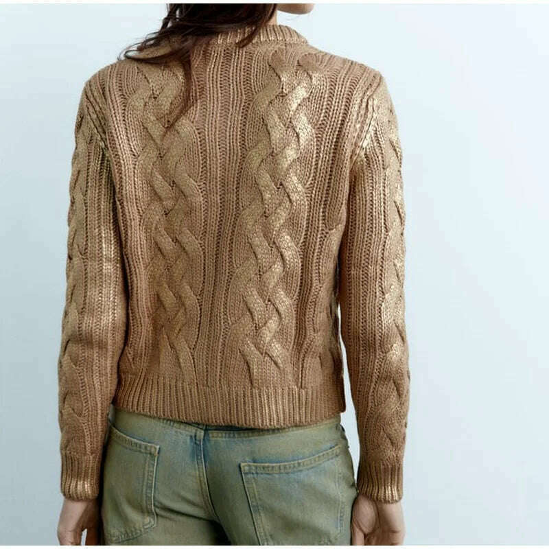 KIMLUD, Fashion Gold Foil Knitted Cardigan For Women Chic Round Neck Single Breasted Pullover Sweater 2023 Autumn Female Elegant Jumpers, KIMLUD Womens Clothes