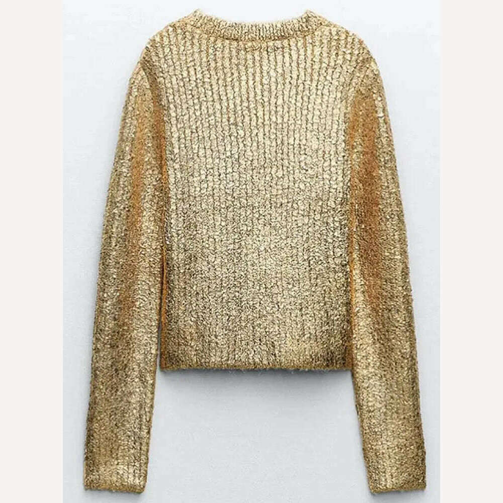 KIMLUD, Fashion Gold O Neck Sweaters for Women 2023 Autumn Winter Causal Long Sleeve Knit Pullover Elegant Office Ladies Loose Jumpers, Gold / S, KIMLUD APPAREL - Womens Clothes