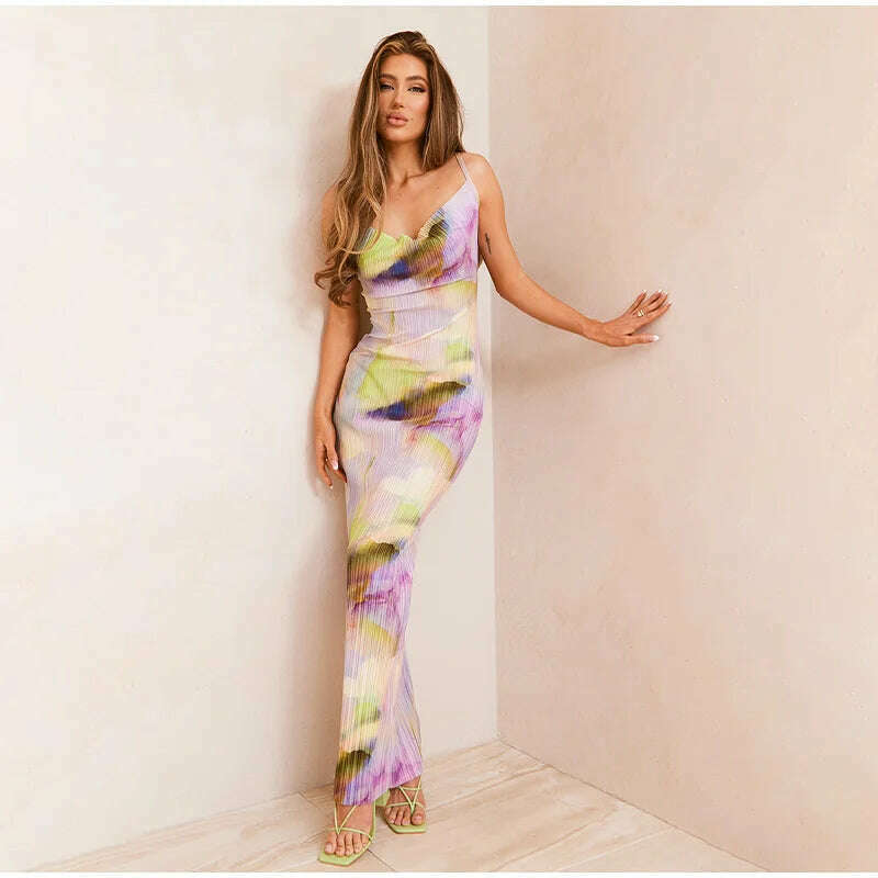 KIMLUD, Fashion Gradient Printed Pleated Strap Dress Woman 2023 Summer Square Collar High Waist Maxi Vestidos Night Party Club Outfits, KIMLUD Womens Clothes
