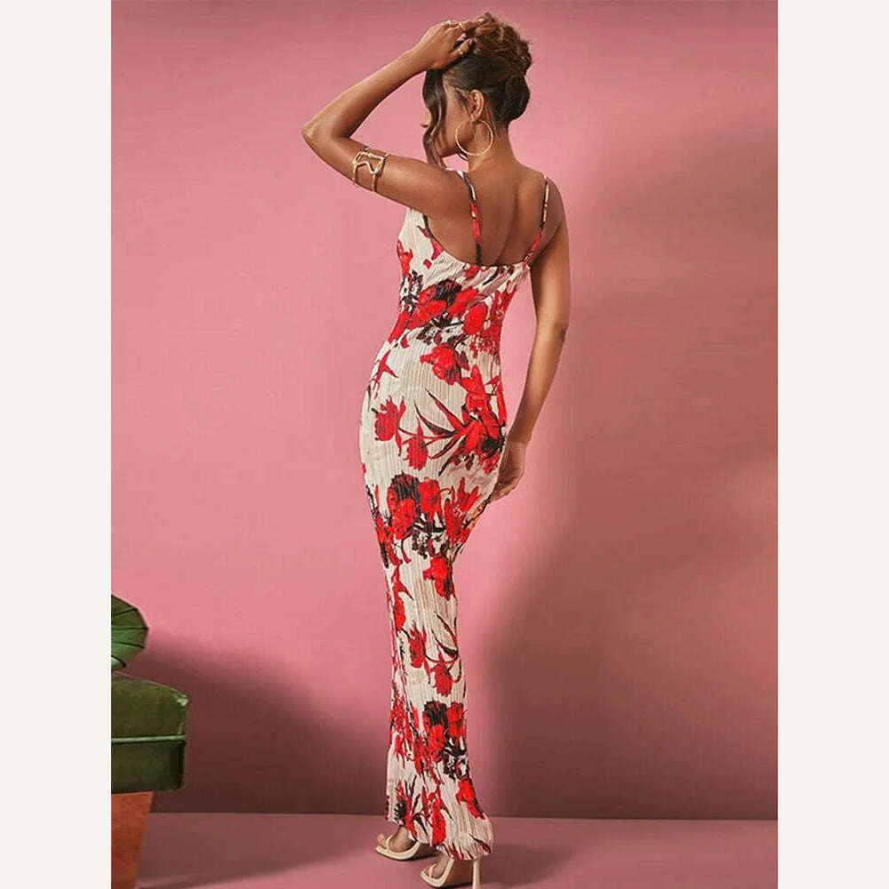 KIMLUD, Fashion Gradient Printed Pleated Strap Dress Woman 2023 Summer Square Collar High Waist Maxi Vestidos Night Party Club Outfits, KIMLUD Womens Clothes