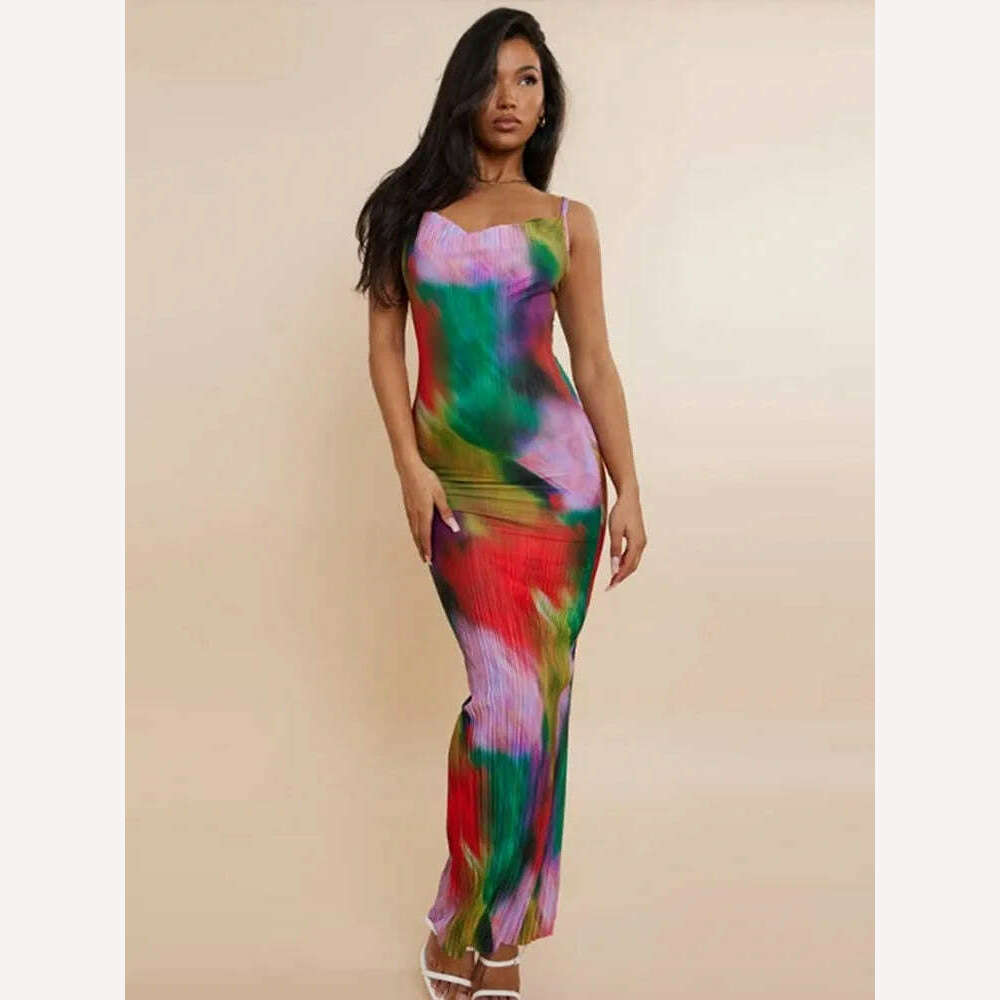 KIMLUD, Fashion Gradient Printed Pleated Strap Dress Woman 2023 Summer Square Collar High Waist Maxi Vestidos Night Party Club Outfits, KIMLUD Womens Clothes