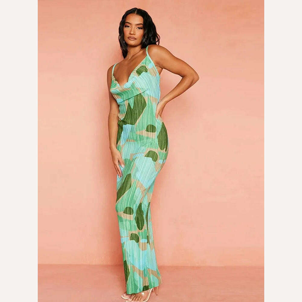KIMLUD, Fashion Gradient Printed Pleated Strap Dress Woman 2023 Summer Square Collar High Waist Maxi Vestidos Night Party Club Outfits, KIMLUD Womens Clothes