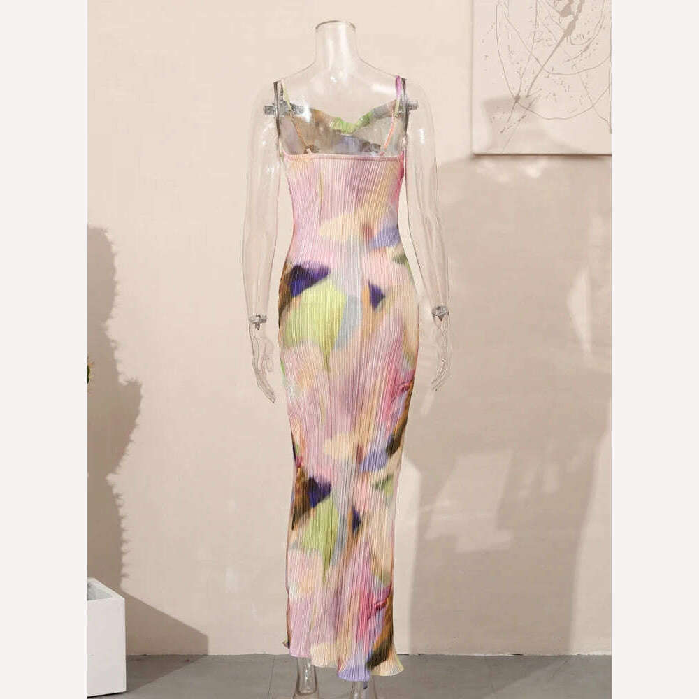 KIMLUD, Fashion Gradient Printed Pleated Strap Dress Woman 2023 Summer Square Collar High Waist Maxi Vestidos Night Party Club Outfits, KIMLUD Womens Clothes