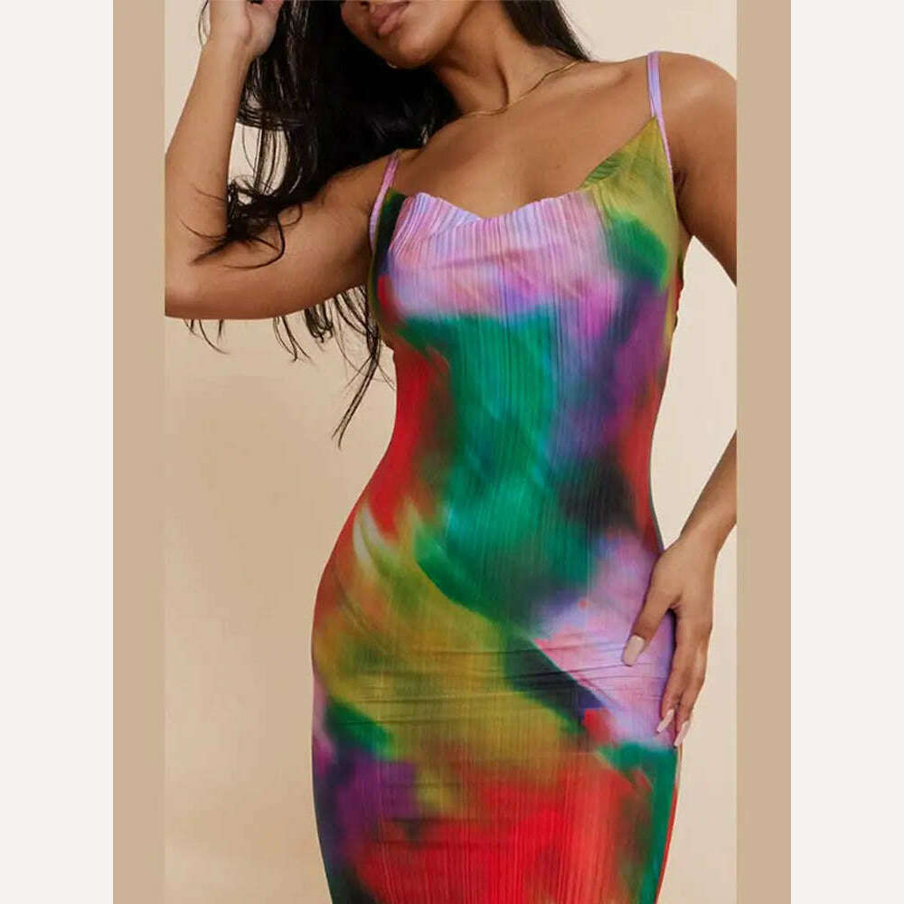 KIMLUD, Fashion Gradient Printed Pleated Strap Dress Woman 2023 Summer Square Collar High Waist Maxi Vestidos Night Party Club Outfits, as picture / L, KIMLUD APPAREL - Womens Clothes
