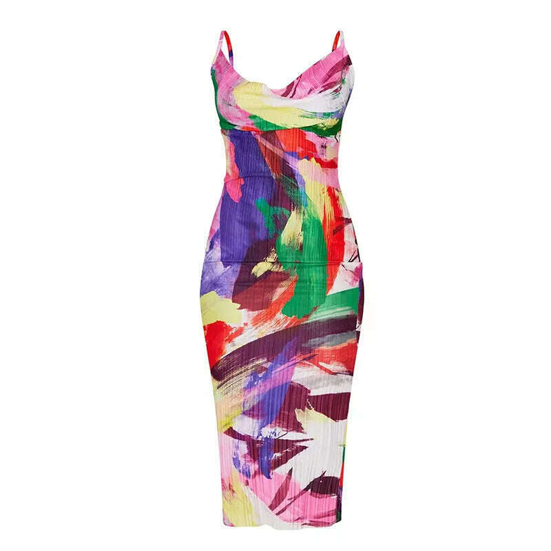 KIMLUD, Fashion Gradient Printed Pleated Strap Dress Woman 2023 Summer Square Collar High Waist Maxi Vestidos Night Party Club Outfits, purple / S, KIMLUD APPAREL - Womens Clothes