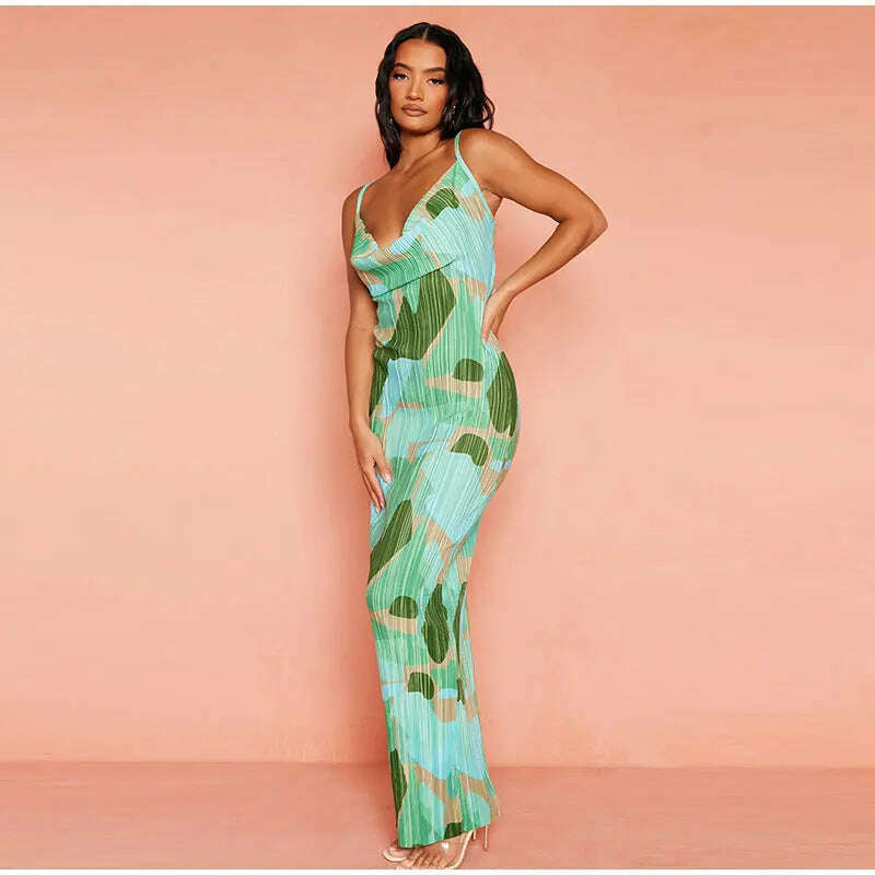 KIMLUD, Fashion Gradient Printed Pleated Strap Dress Woman 2023 Summer Square Collar High Waist Maxi Vestidos Night Party Club Outfits, green / S, KIMLUD APPAREL - Womens Clothes
