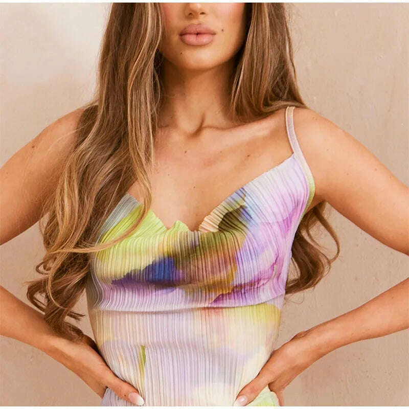 KIMLUD, Fashion Gradient Printed Pleated Strap Dress Woman 2023 Summer Square Collar High Waist Maxi Vestidos Night Party Club Outfits, KIMLUD Womens Clothes