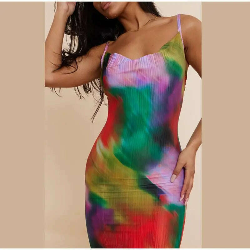 KIMLUD, Fashion Gradient Printed Pleated Strap Dress Woman 2023 Summer Square Collar High Waist Maxi Vestidos Night Party Club Outfits, KIMLUD Womens Clothes