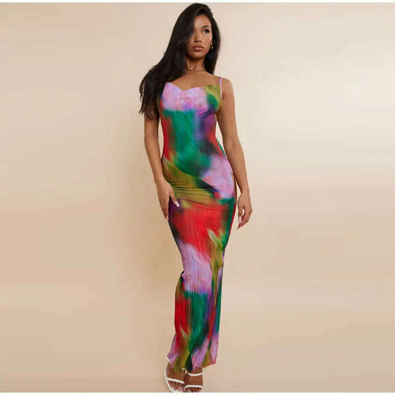KIMLUD, Fashion Gradient Printed Pleated Strap Dress Woman 2023 Summer Square Collar High Waist Maxi Vestidos Night Party Club Outfits, KIMLUD Womens Clothes