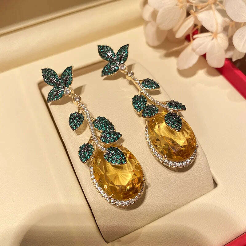 Fashion Green Leaf And Yellow Cubic Zirconia Vintage Luxury Drop Earring For Women Jewelry Pink Barbie Powder Tassel Crystal - KIMLUD