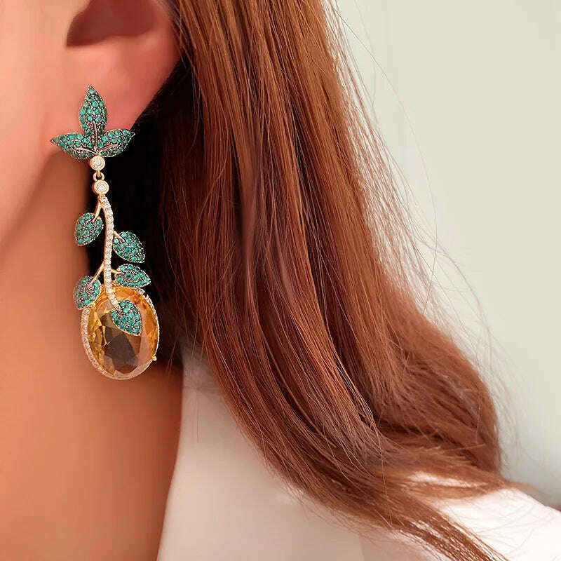 Fashion Green Leaf And Yellow Cubic Zirconia Vintage Luxury Drop Earring For Women Jewelry Pink Barbie Powder Tassel Crystal - KIMLUD