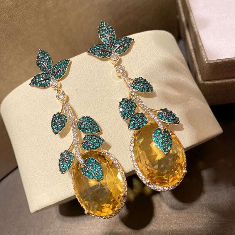 Fashion Green Leaf And Yellow Cubic Zirconia Vintage Luxury Drop Earring For Women Jewelry Pink Barbie Powder Tassel Crystal - KIMLUD