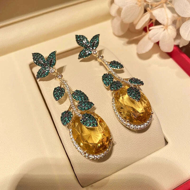 Fashion Green Leaf And Yellow Cubic Zirconia Vintage Luxury Drop Earring For Women Jewelry Pink Barbie Powder Tassel Crystal - KIMLUD
