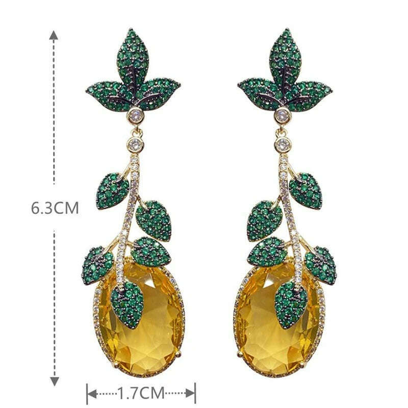 Fashion Green Leaf And Yellow Cubic Zirconia Vintage Luxury Drop Earring For Women Jewelry Pink Barbie Powder Tassel Crystal - KIMLUD