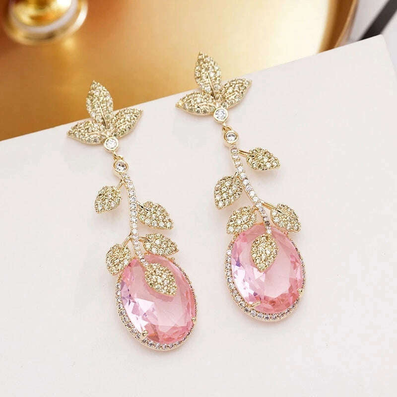 Fashion Green Leaf And Yellow Cubic Zirconia Vintage Luxury Drop Earring For Women Jewelry Pink Barbie Powder Tassel Crystal - KIMLUD