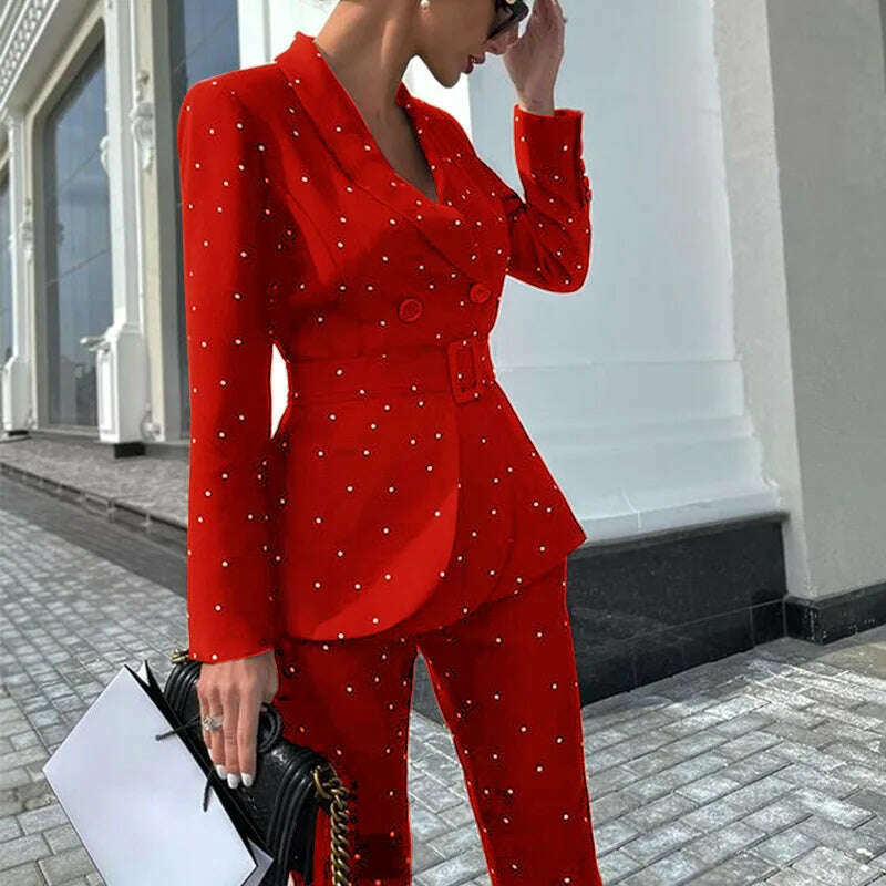 KIMLUD, Fashion Groups Of Pant Blazer And Pants Suit Women's Dot Sets Belt Blazer Jacket Pencil Trousers Chic Party Pantsuit 2 Piece, Red / S, KIMLUD APPAREL - Womens Clothes