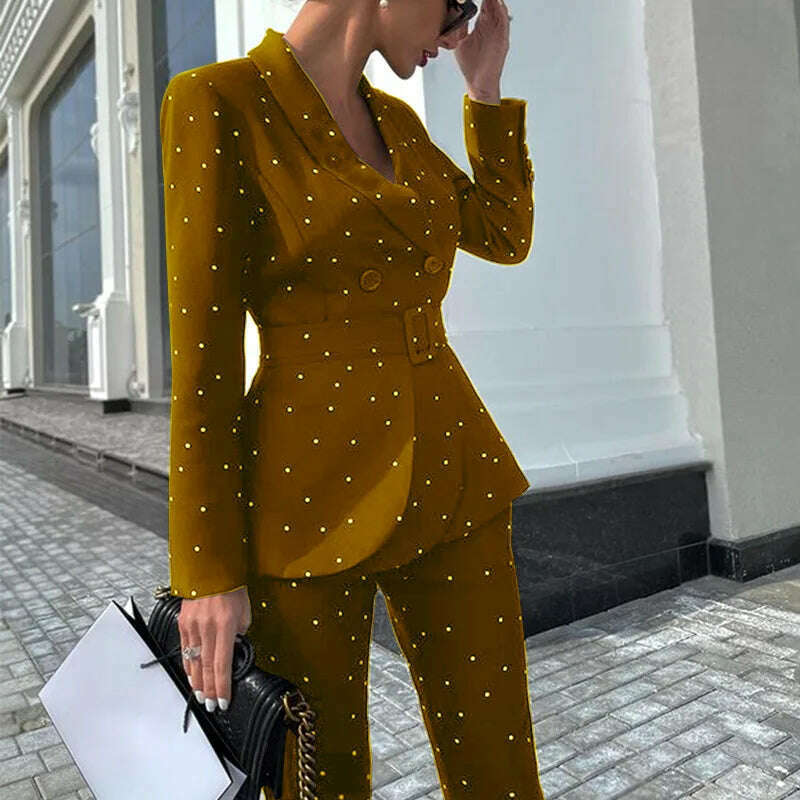 KIMLUD, Fashion Groups Of Pant Blazer And Pants Suit Women's Dot Sets Belt Blazer Jacket Pencil Trousers Chic Party Pantsuit 2 Piece, Khaki / S, KIMLUD APPAREL - Womens Clothes