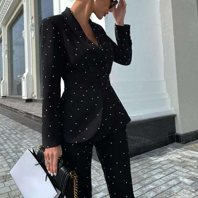 KIMLUD, Fashion Groups Of Pant Blazer And Pants Suit Women's Dot Sets Belt Blazer Jacket Pencil Trousers Chic Party Pantsuit 2 Piece, Black / S, KIMLUD APPAREL - Womens Clothes