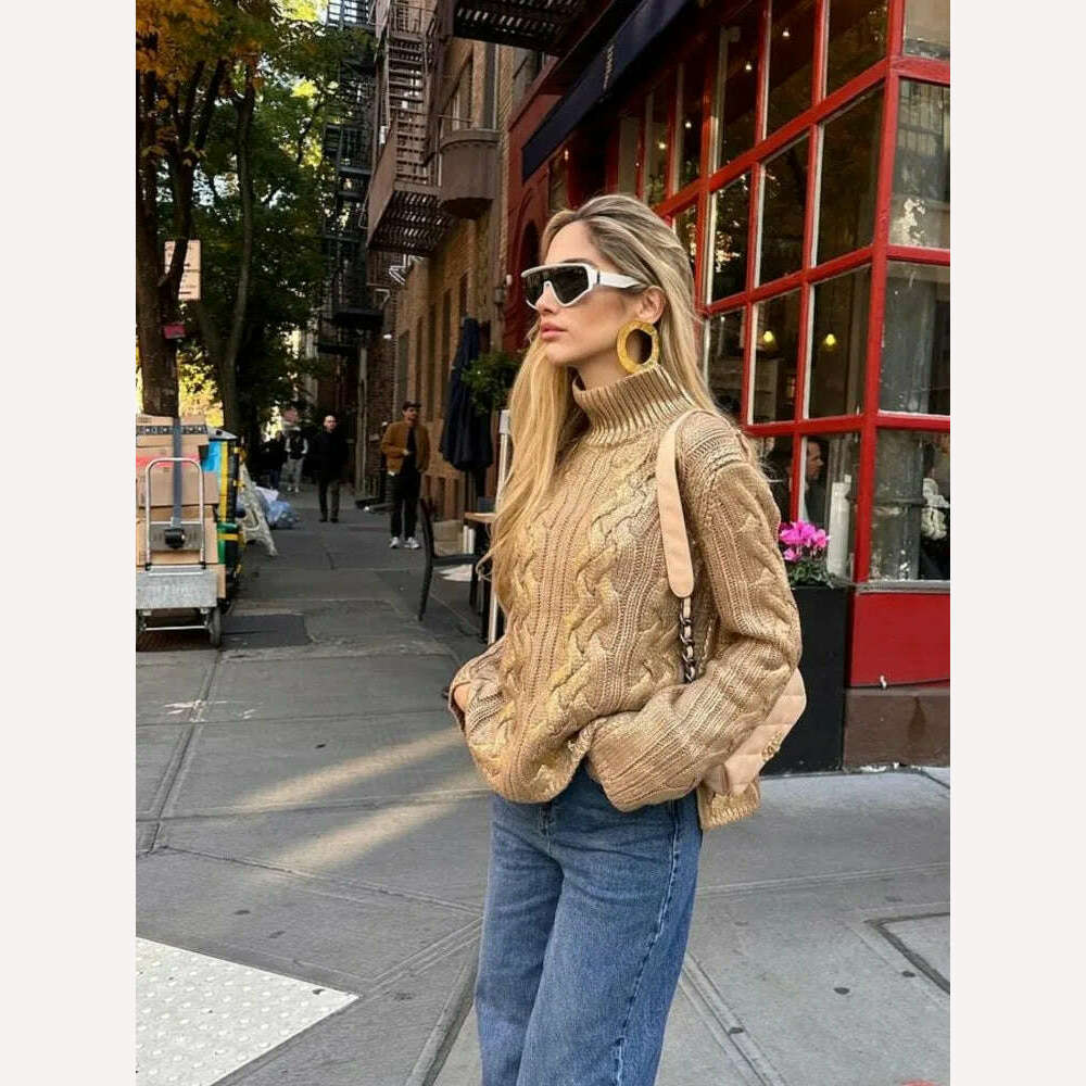 KIMLUD, Fashion High Collar Women's Woven Foil Knit Sweater Casual Long Sleeves Fried Dough Twist Pullover 2023 Winter Lady Chic Jumpers, KIMLUD Womens Clothes