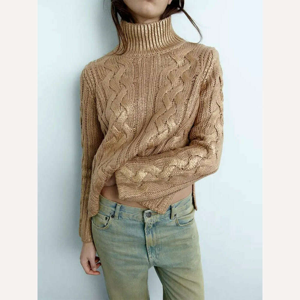 KIMLUD, Fashion High Collar Women's Woven Foil Knit Sweater Casual Long Sleeves Fried Dough Twist Pullover 2023 Winter Lady Chic Jumpers, KIMLUD Womens Clothes