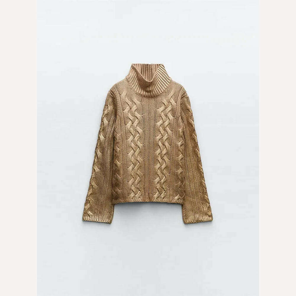 KIMLUD, Fashion High Collar Women's Woven Foil Knit Sweater Casual Long Sleeves Fried Dough Twist Pullover 2023 Winter Lady Chic Jumpers, gold / S, KIMLUD APPAREL - Womens Clothes
