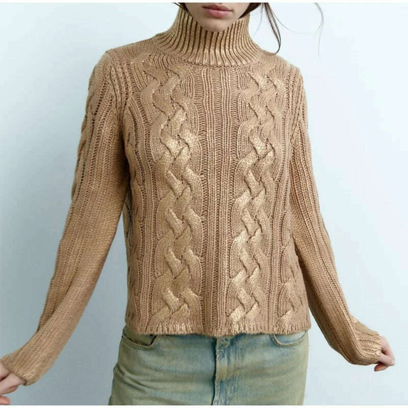 KIMLUD, Fashion High Collar Women's Woven Foil Knit Sweater Casual Long Sleeves Fried Dough Twist Pullover 2023 Winter Lady Chic Jumpers, KIMLUD Womens Clothes