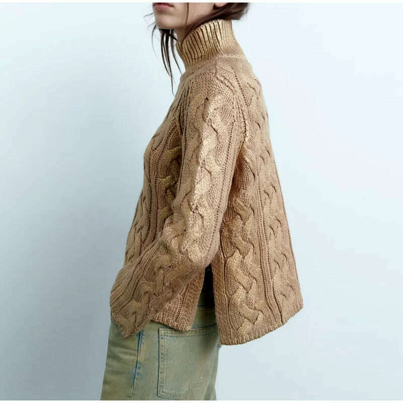 KIMLUD, Fashion High Collar Women's Woven Foil Knit Sweater Casual Long Sleeves Fried Dough Twist Pullover 2023 Winter Lady Chic Jumpers, KIMLUD Womens Clothes