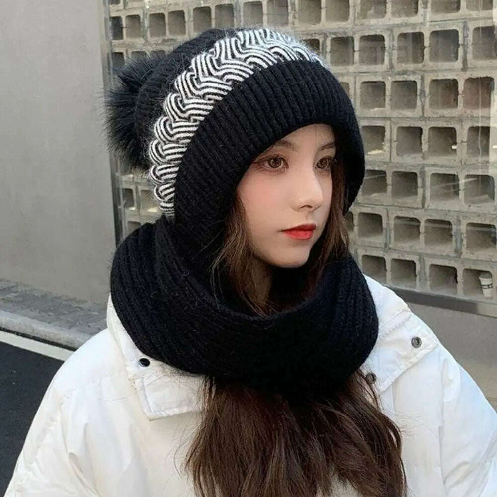 KIMLUD, Fashion Integrated Ear Protection Windproof Cap Scarf Knitting Thickening Hat Winter Warm Beanie Hat Scarf for Women, KIMLUD Womens Clothes
