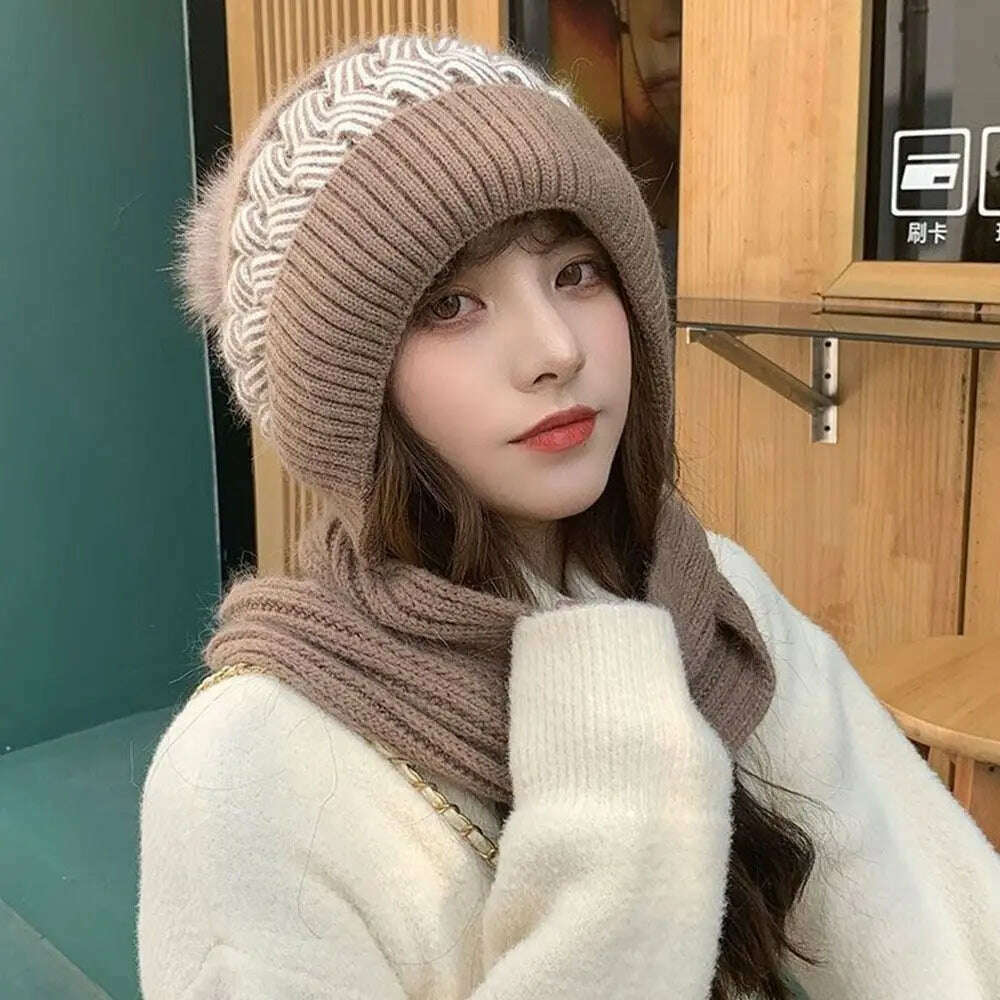 KIMLUD, Fashion Integrated Ear Protection Windproof Cap Scarf Knitting Thickening Hat Winter Warm Beanie Hat Scarf for Women, KIMLUD Womens Clothes