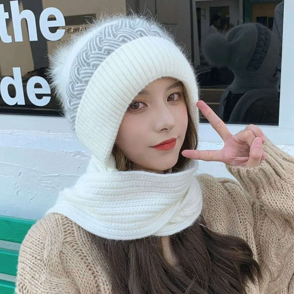 KIMLUD, Fashion Integrated Ear Protection Windproof Cap Scarf Knitting Thickening Hat Winter Warm Beanie Hat Scarf for Women, KIMLUD Womens Clothes