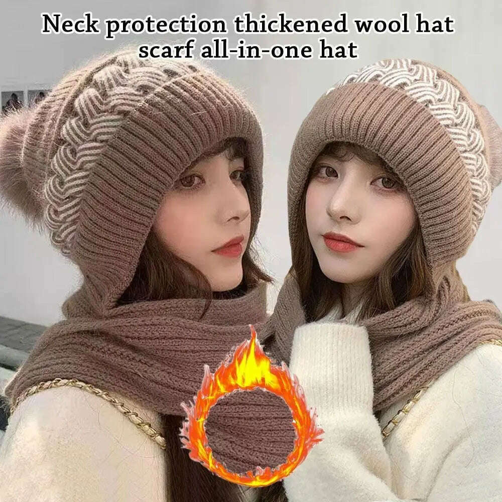 KIMLUD, Fashion Integrated Ear Protection Windproof Cap Scarf Knitting Thickening Hat Winter Warm Beanie Hat Scarf for Women, KIMLUD Womens Clothes