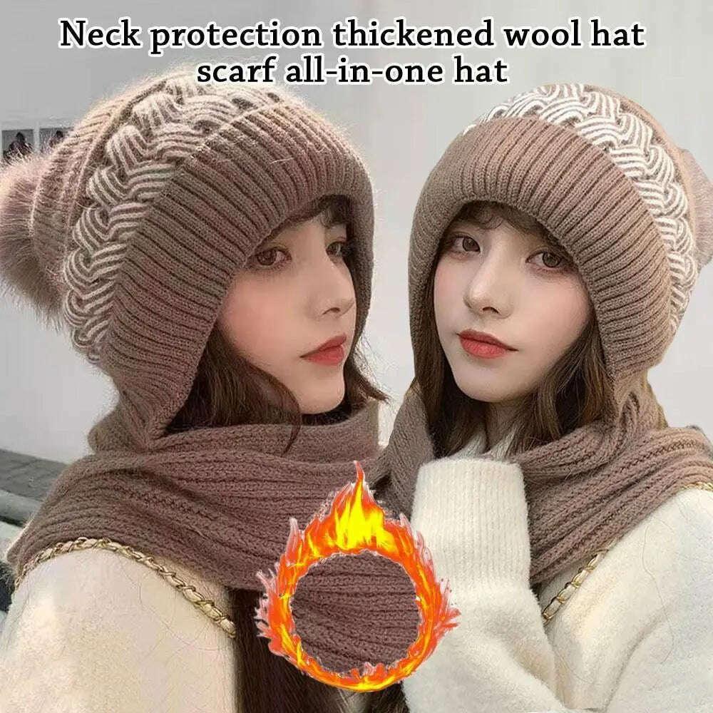 KIMLUD, Fashion Integrated Ear Protection Windproof Cap Scarf Knitting Thickening Hat Winter Warm Beanie Hat Scarf for Women, KIMLUD Womens Clothes