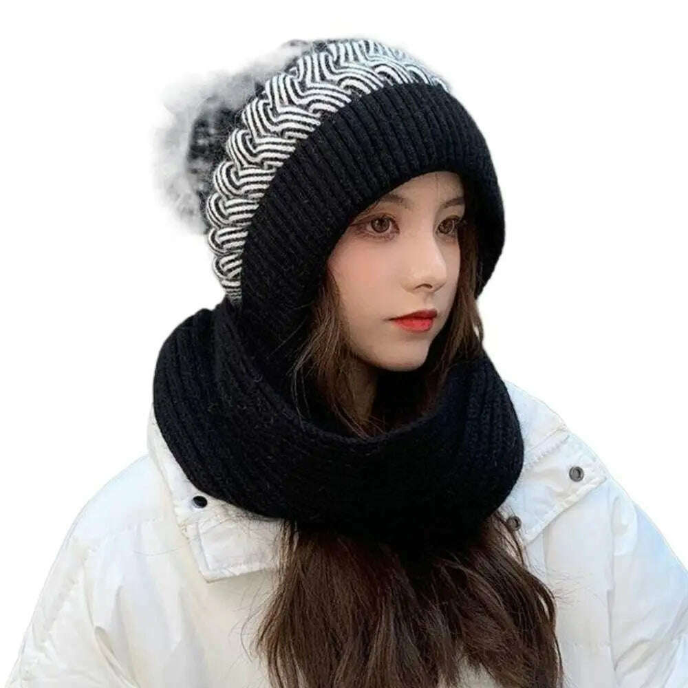 KIMLUD, Fashion Integrated Ear Protection Windproof Cap Scarf Knitting Thickening Hat Winter Warm Beanie Hat Scarf for Women, Black, KIMLUD APPAREL - Womens Clothes