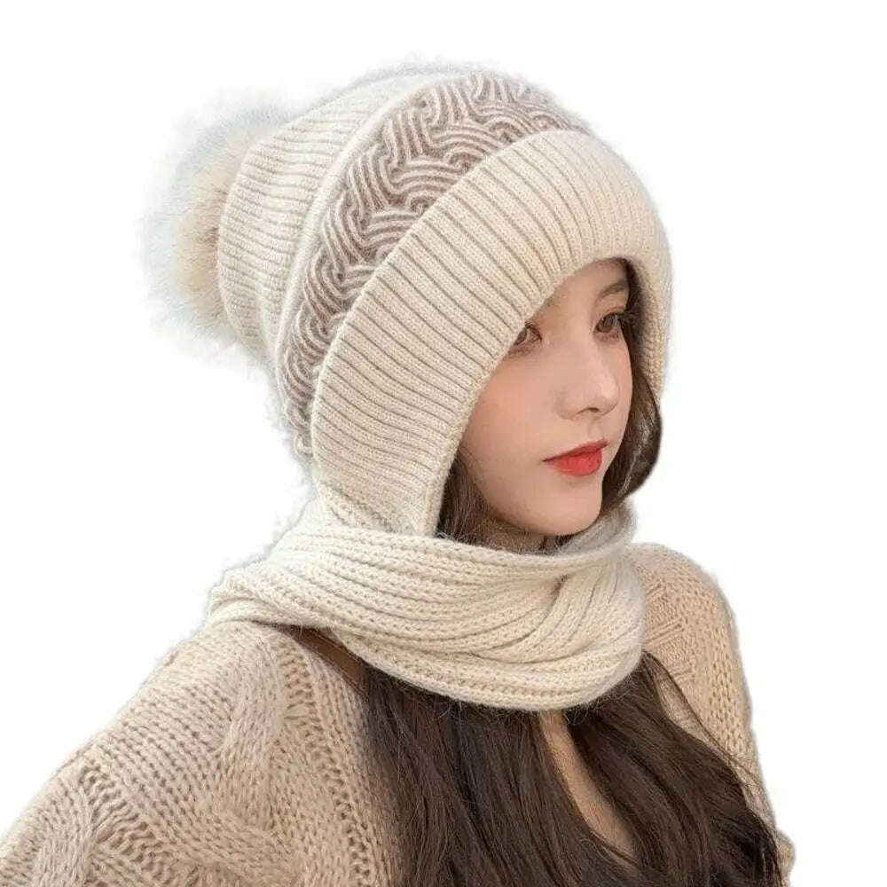 KIMLUD, Fashion Integrated Ear Protection Windproof Cap Scarf Knitting Thickening Hat Winter Warm Beanie Hat Scarf for Women, Beige, KIMLUD APPAREL - Womens Clothes