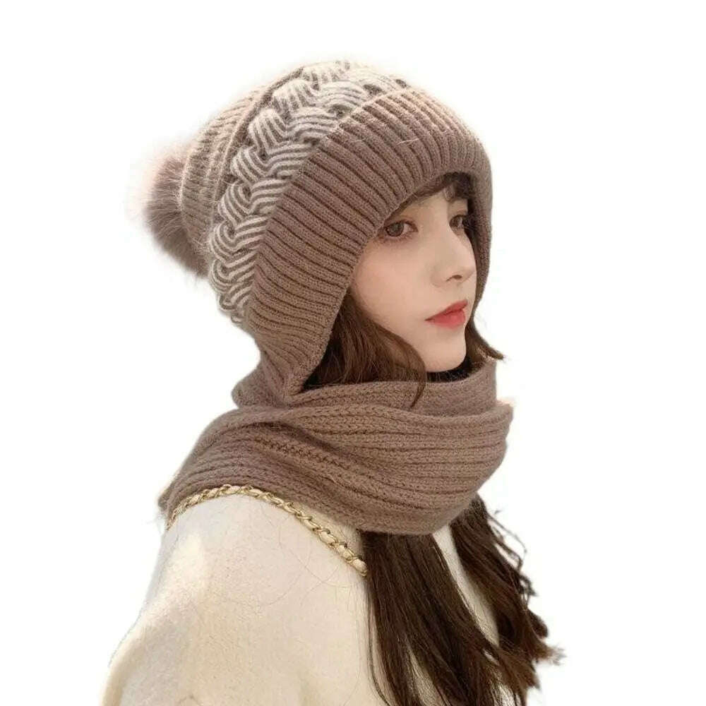 KIMLUD, Fashion Integrated Ear Protection Windproof Cap Scarf Knitting Thickening Hat Winter Warm Beanie Hat Scarf for Women, Khaki, KIMLUD APPAREL - Womens Clothes