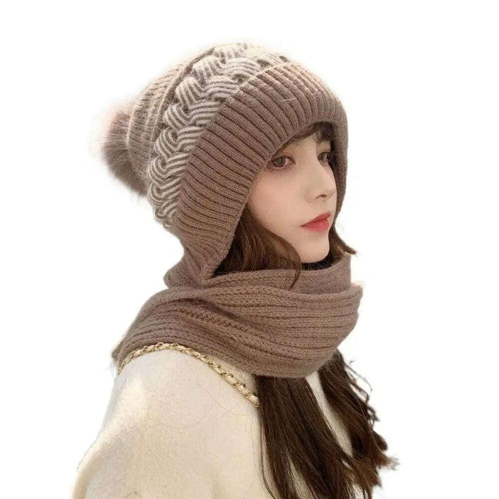 KIMLUD, Fashion Integrated Ear Protection Windproof Cap Scarf Knitting Thickening Hat Winter Warm Beanie Hat Scarf for Women, KIMLUD Womens Clothes